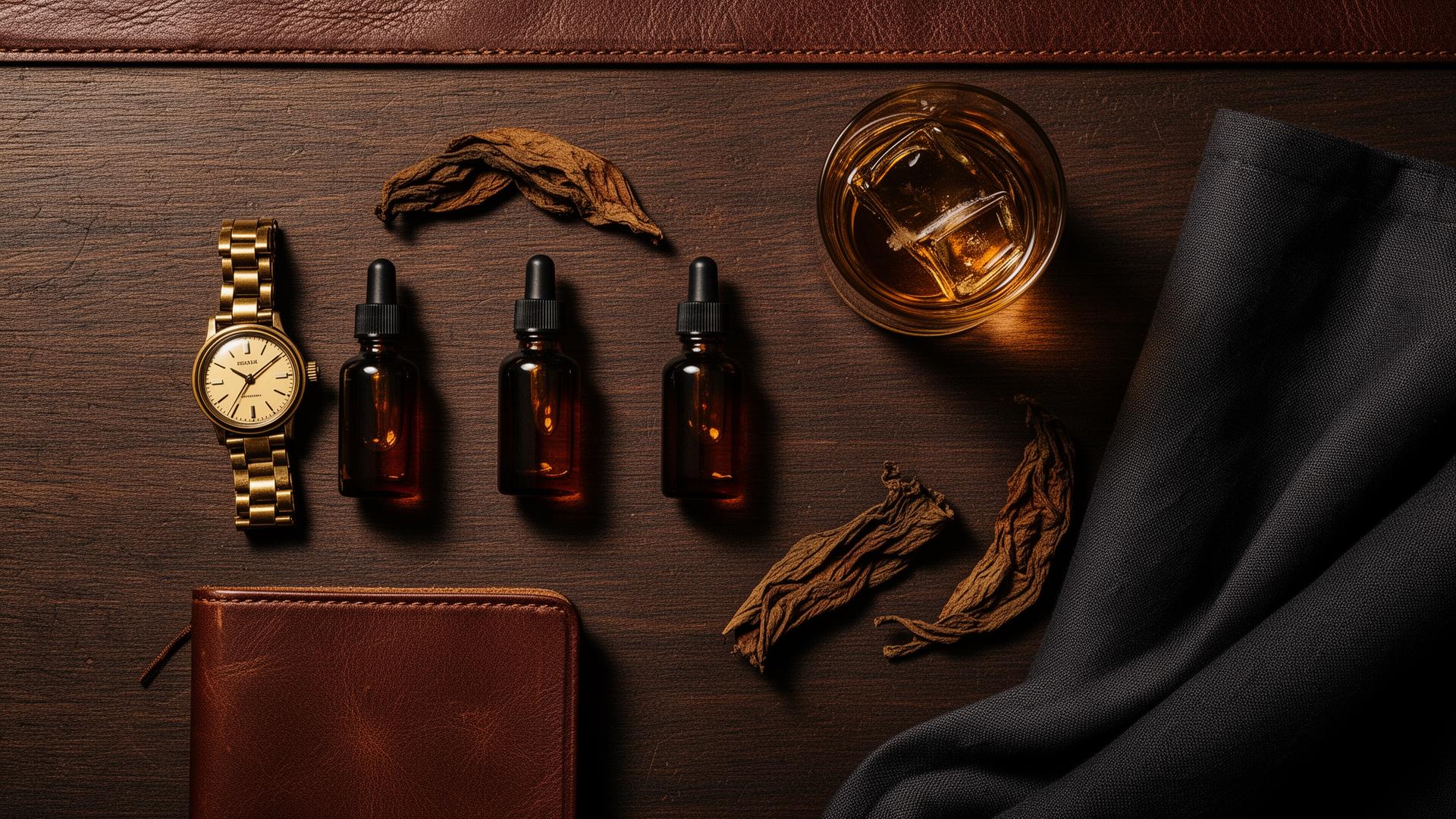 Editorial flat-lay of an amber fragrance bottle on dark wood with brass watch, whisky glass and leather notebook